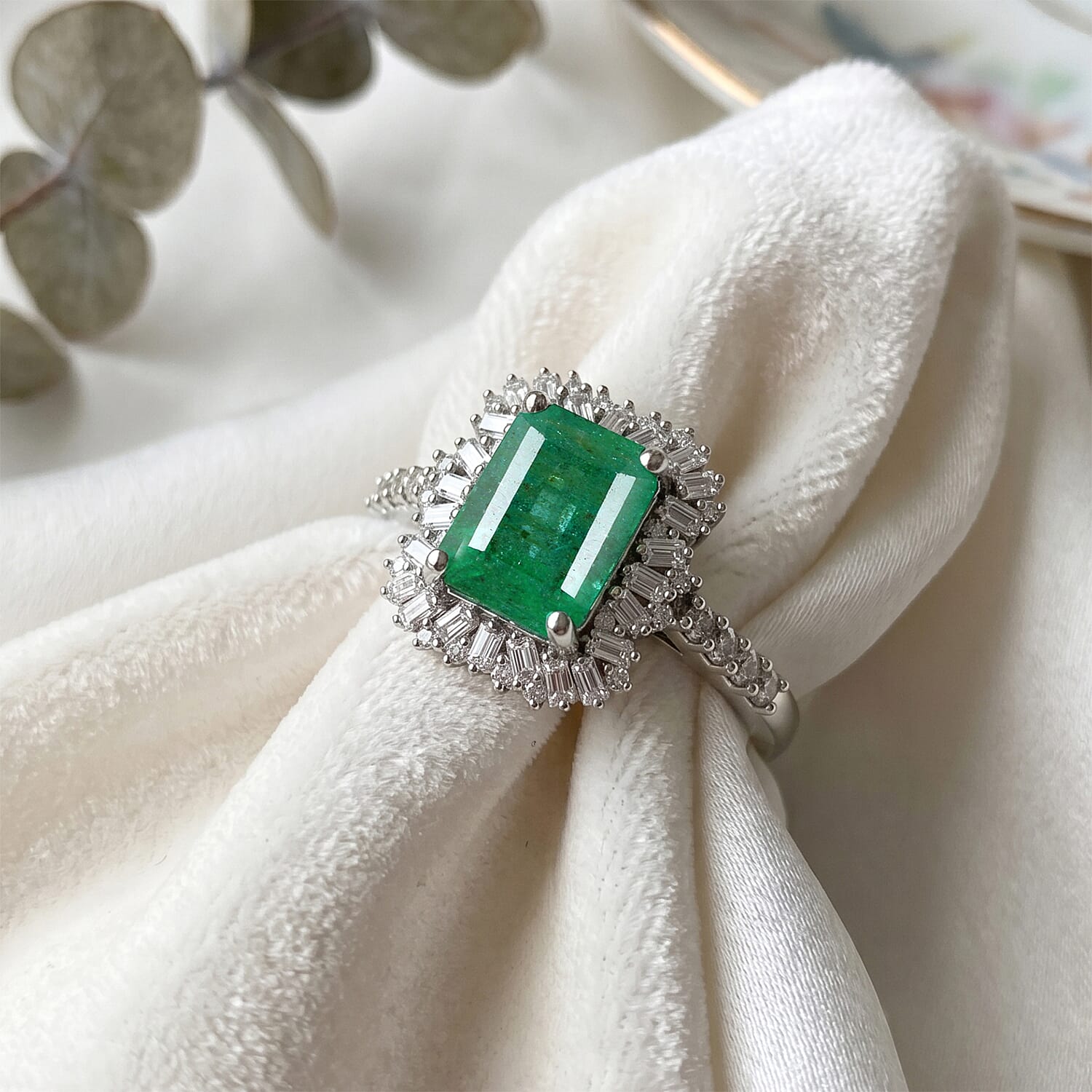 D'Joy Premium Kagem Zambian Emerald and Moissanite 2.40 ctw Royal Burst Ring in Rhodium Over Sterling Silver (Size 10.0)