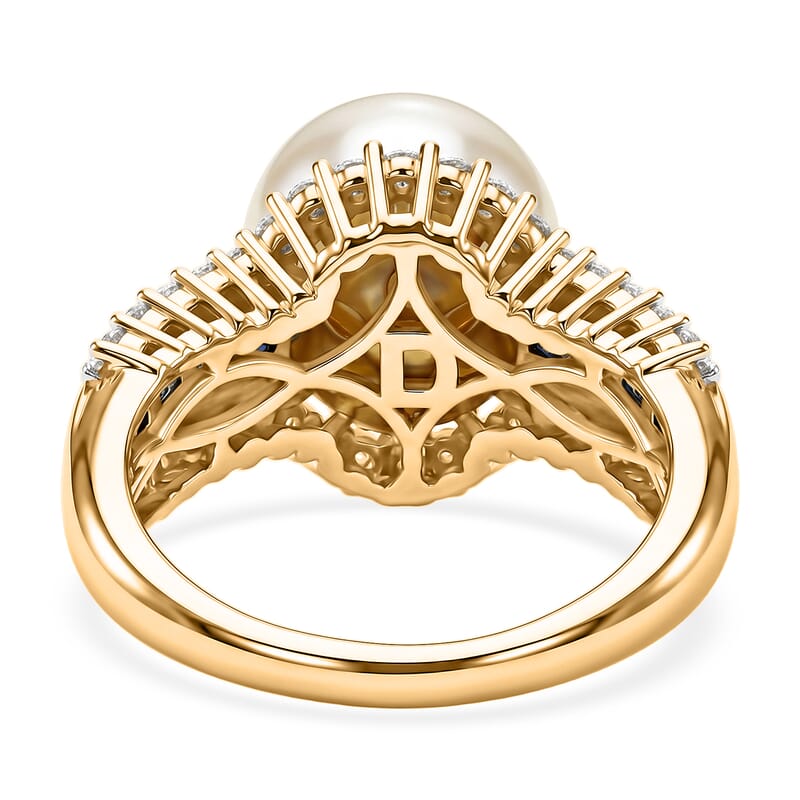 D'Joy Premium South Sea Golden Pearl and Multi Gemstone 0.90 ctw Crown Ring in 18K Vermeil Yellow Gold Over Sterling Silver (Size 10.0)