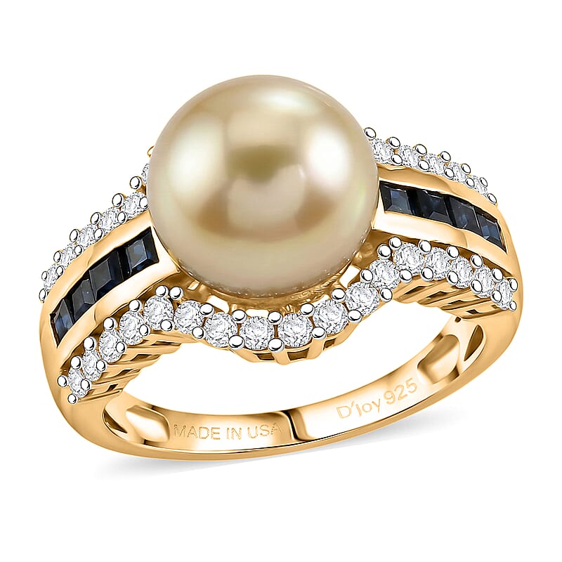 D'Joy Premium South Sea Golden Pearl and Multi Gemstone 0.90 ctw Crown Ring in 18K Vermeil Yellow Gold Over Sterling Silver (Size 6.0)