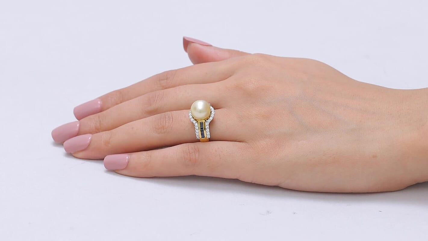D'Joy Premium Golden South Sea Pearl 9-11mm, Multi Gemstone Ring in 18K Vermeil YG Over Sterling Silver (Size 10.0) 0.90 ctw