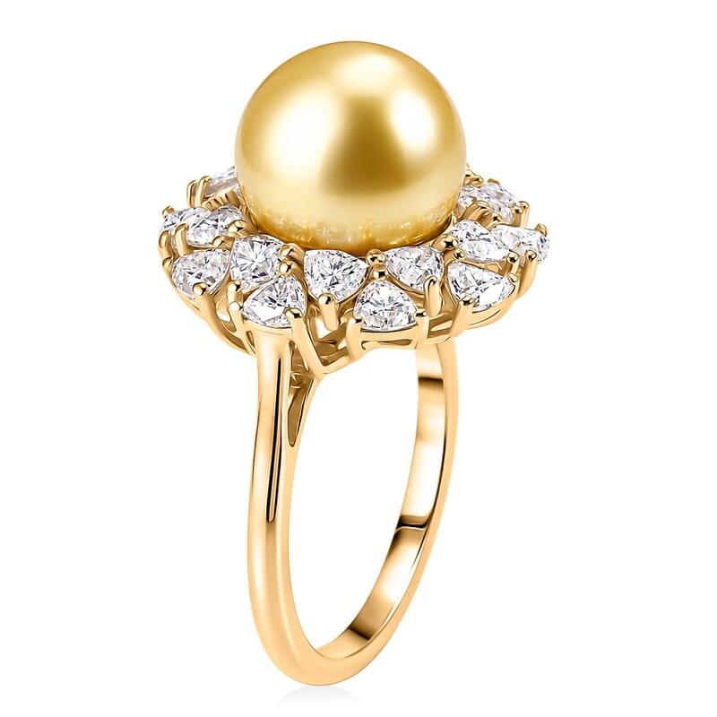 D'Joy Premium Golden South Sea Pearl and Moissanite 1.75 ctw Sunburst Ring in 18K Vermeil Yellow Gold Over Sterling Silver (Size 6.0)