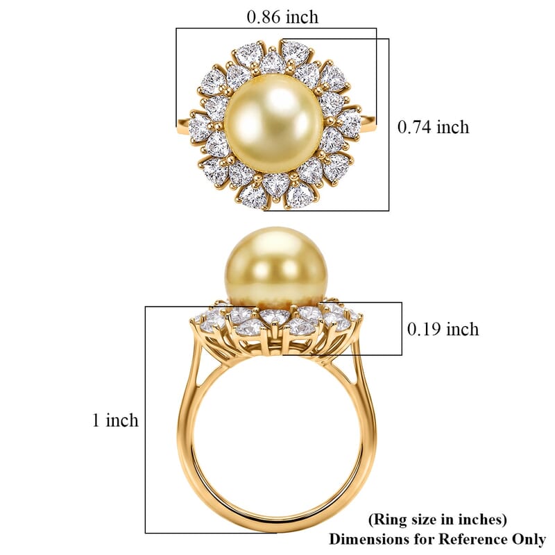 D'Joy Premium Golden South Sea Pearl and Moissanite 1.75 ctw Sunburst Ring in 18K Vermeil Yellow Gold Over Sterling Silver (Size 6.0)