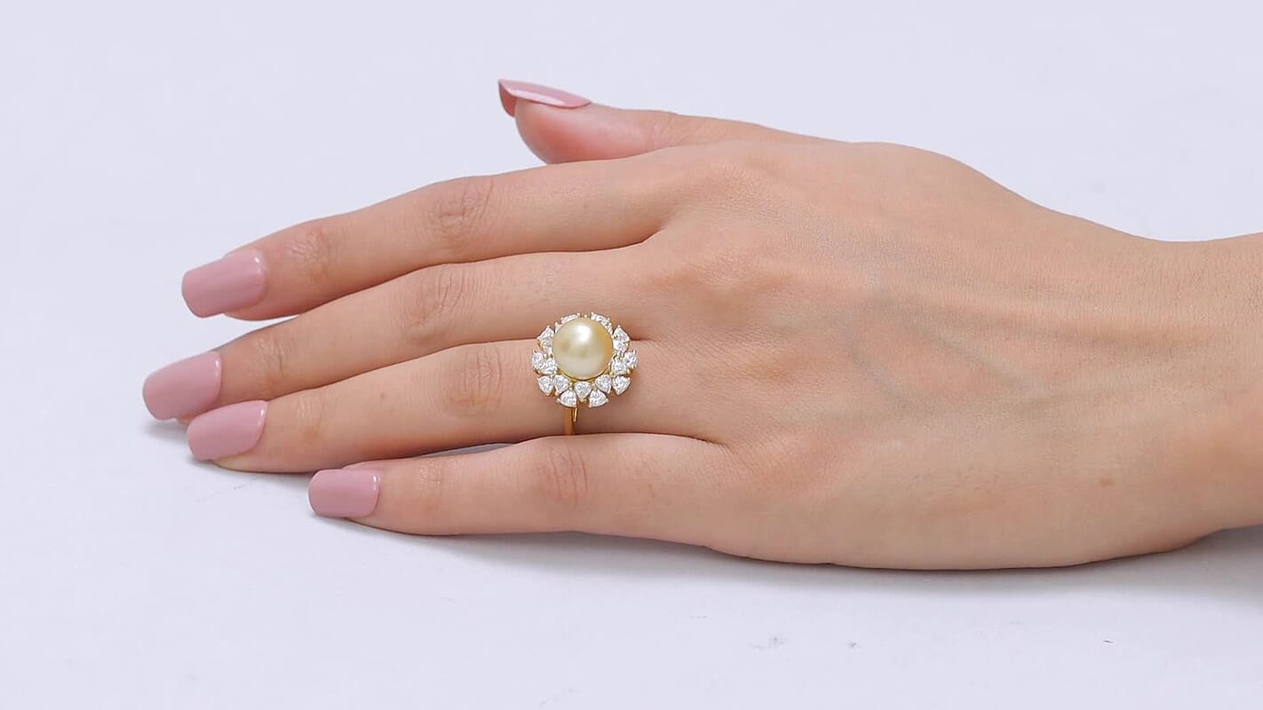 D''Joy Premium Golden South Sea Pearl 9-11mm, Moissanite Ring in 18K Vermeil YG Over Sterling Silver (Size 10.0) 1.75 ctw