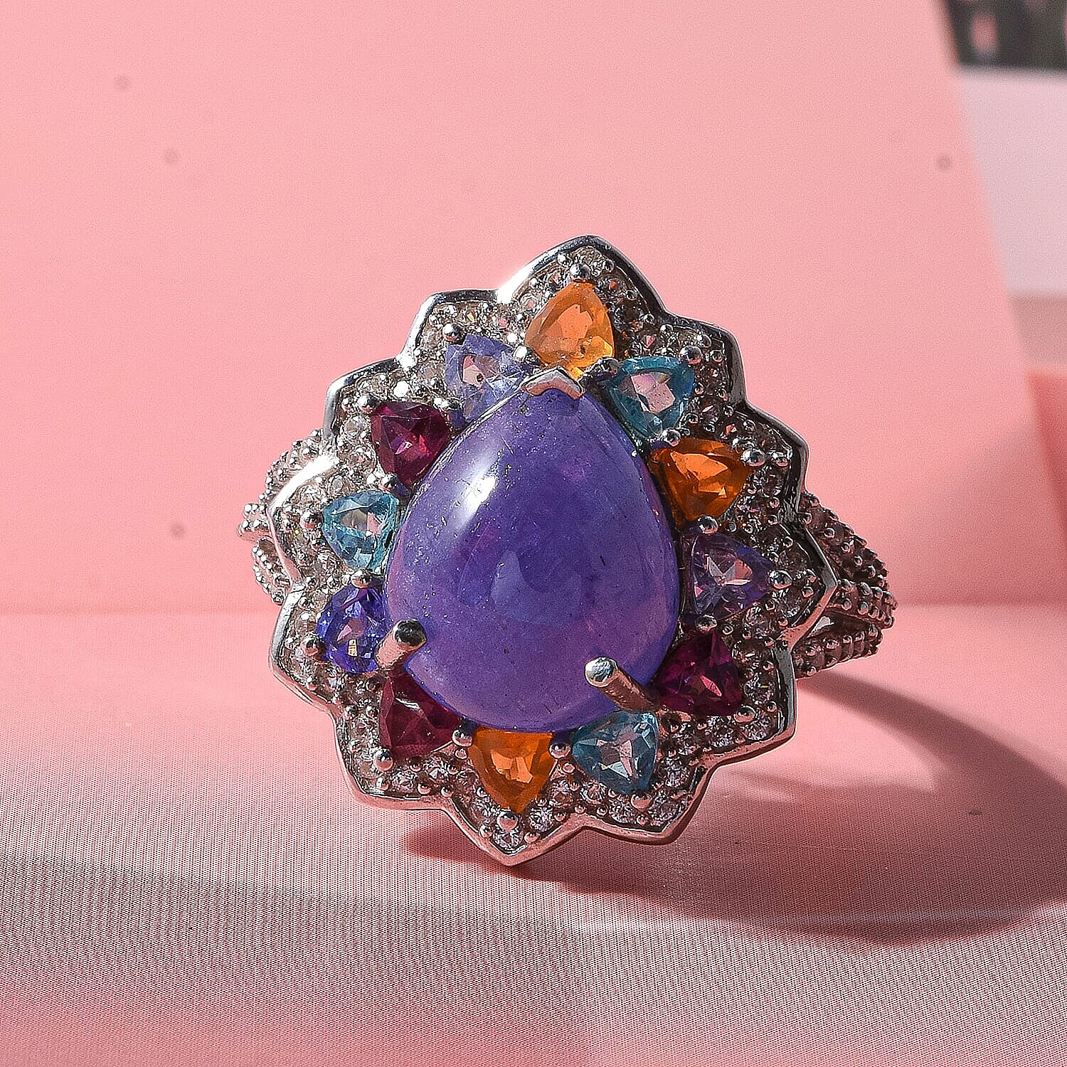 D'Joy Tanzanite, Multi-Tourmaline and White Zircon Ring in Rhodium Over Sterling Silver (Size 5.0) 8.65 ctw
