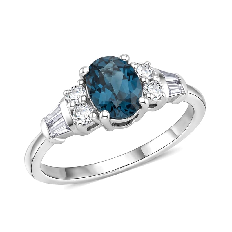 D'Joy London Blue Topaz and Moissanite 1.20 ctw Ocean Majesty Ring in Platinum Over Sterling Silver (Size 8.0)