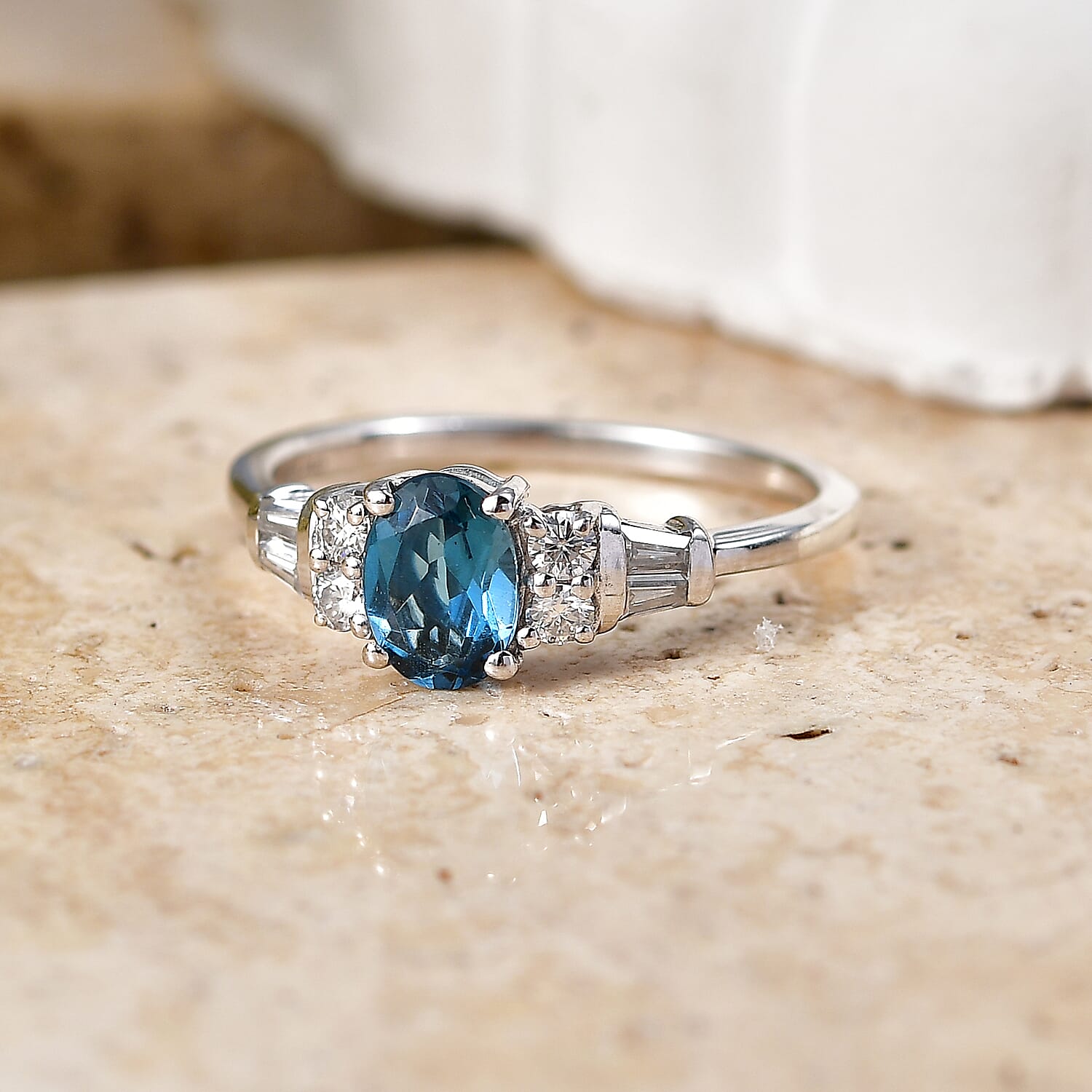 D'Joy London Blue Topaz and Moissanite 1.20 ctw Ocean Majesty Ring in Platinum Over Sterling Silver (Size 8.0)