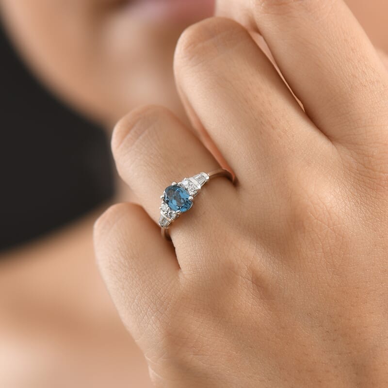 D'Joy London Blue Topaz and Moissanite 1.20 ctw Ocean Majesty Ring in Platinum Over Sterling Silver (Size 8.0)