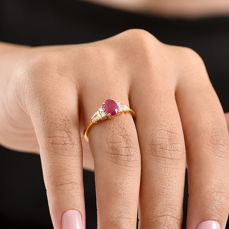 D'Joy Niassa Ruby (FF) and Moissanite 1.50 ctw Ocean Majesty Ring in 14K Yellow Gold Over Sterling Silver (Size 5.0)