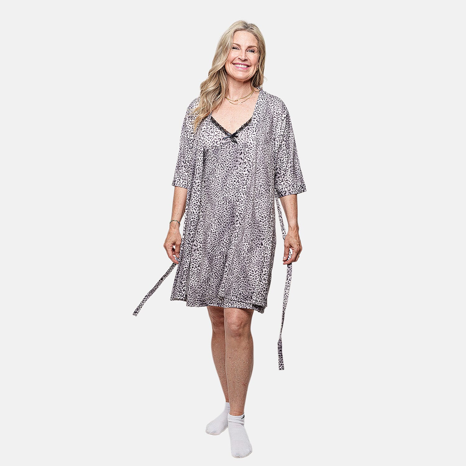 Amanda Paige Grey and Black Leopard Print Gown and Robe Set -L
