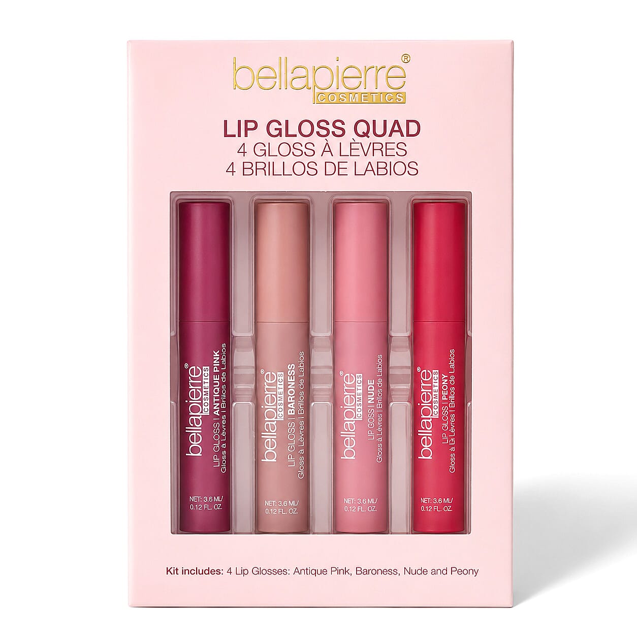 Bellapierre Lip Gloss Quad Kit- Antique Pink, Baroness, Nude, & Peony