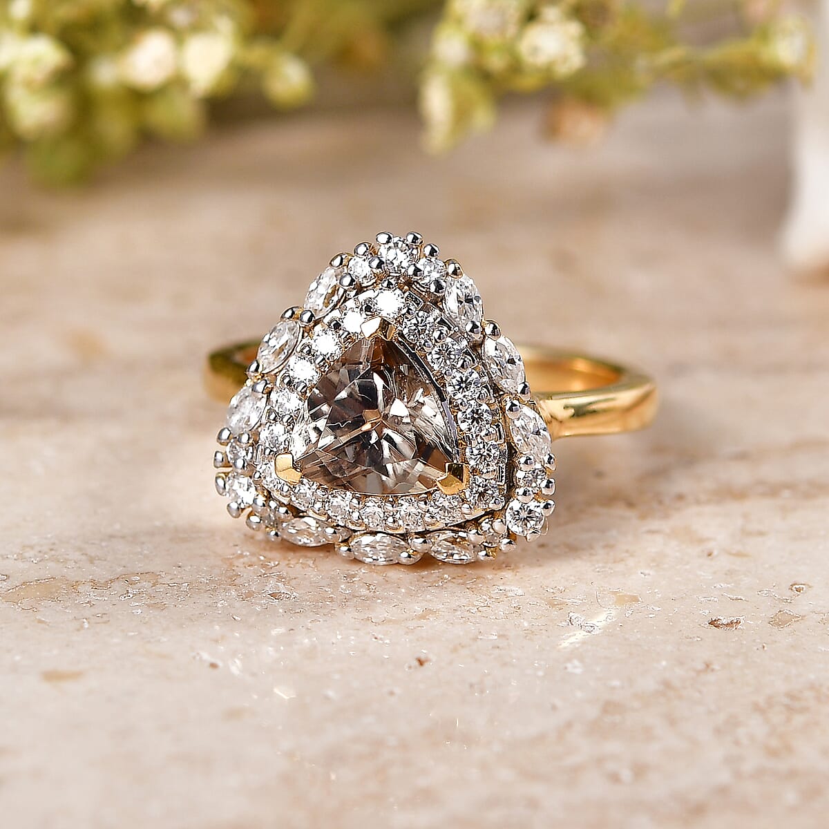 Certified & Appraised D'Joy Premium Turkizite and Moissanite 2.10 ctw Ring in 18K Vermeil Yellow Gold Over Sterling Silver (Size 10.0) image number 1