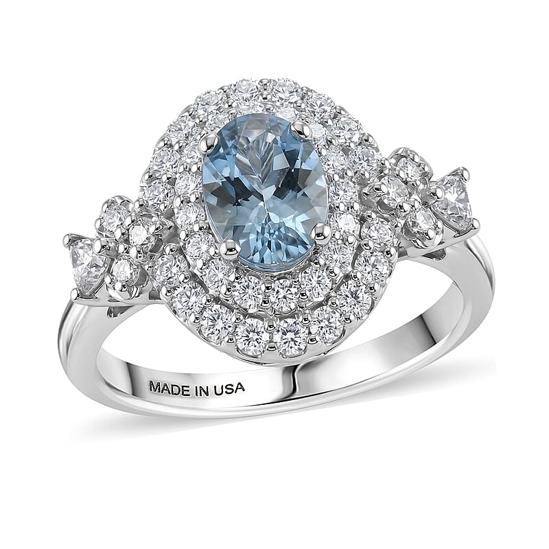 Certified & Appraised D'Joy Premium Santa Maria Aquamarine and Moissanite 1.40 ctw Ring in Rhodium Over Sterling Silver (Size 6.0)