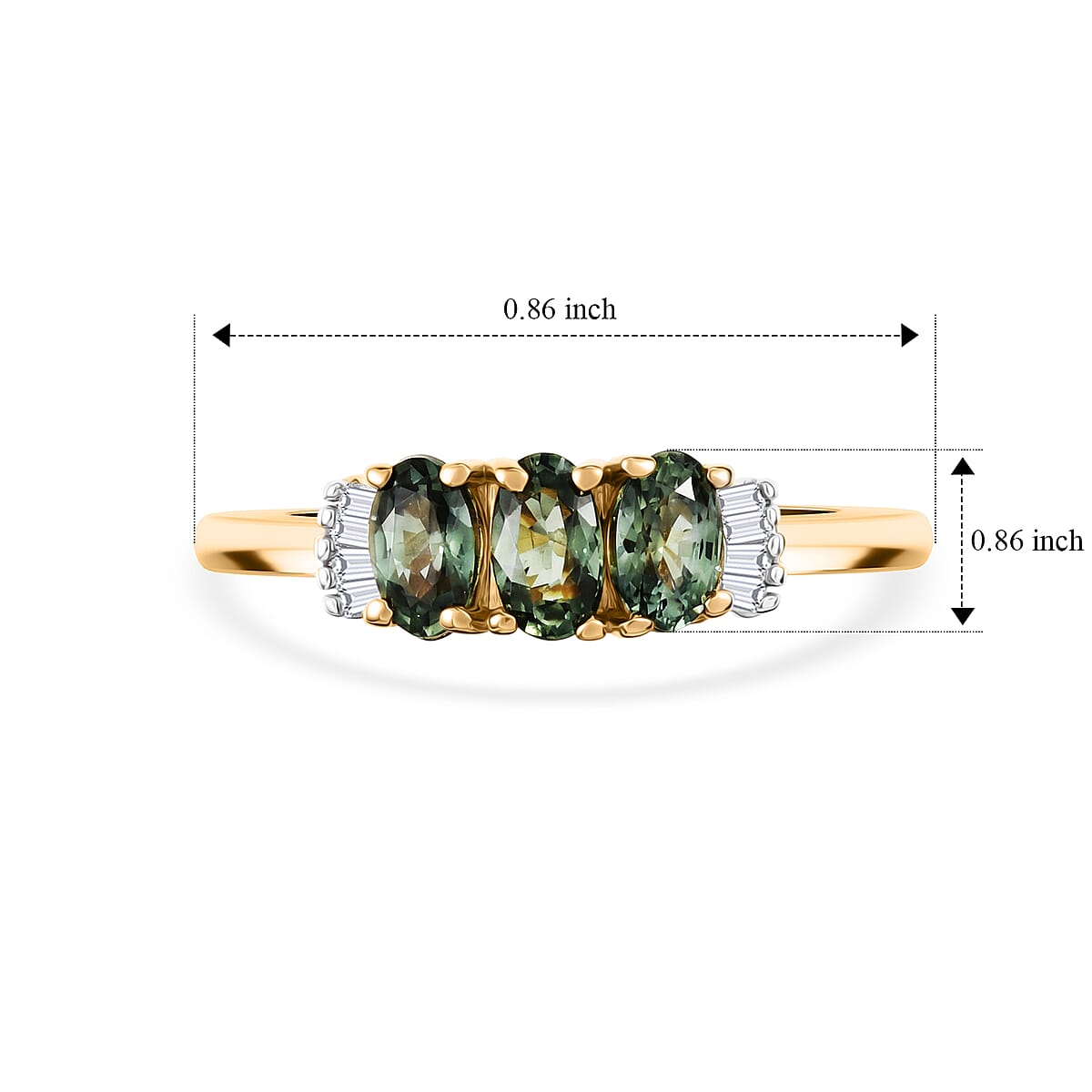 D'Joy Premium Malawi Green Sapphire and Diamond 1.00 ctw Trinity Majesty Ring in 18K Vermeil Yellow Gold Over Sterling Silver (Size 8.0) image number 5