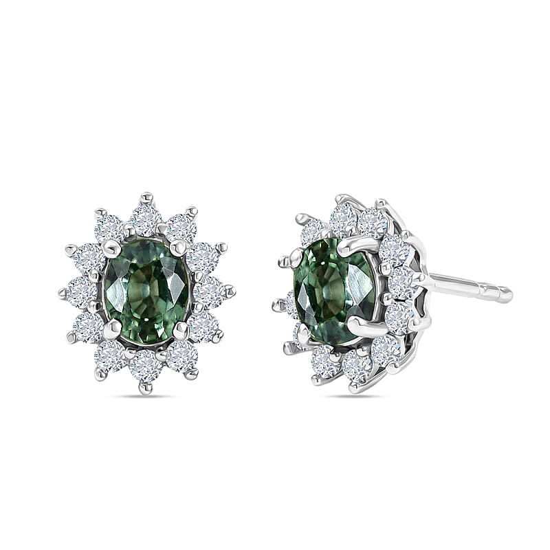 D'Joy Premium Milanoa Green Sapphire and White Zircon 1.50 ctw Stud Earrings in Rhodium Over Sterling Silver
