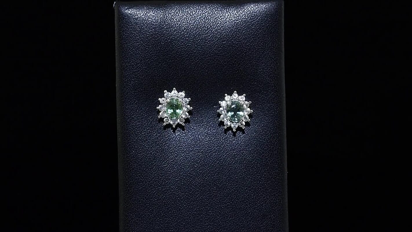 D'Joy Premium Malawi Green Sapphire, White Zircon Stud Earrings in Rhodium Over Sterling Silver 1.60 ctw