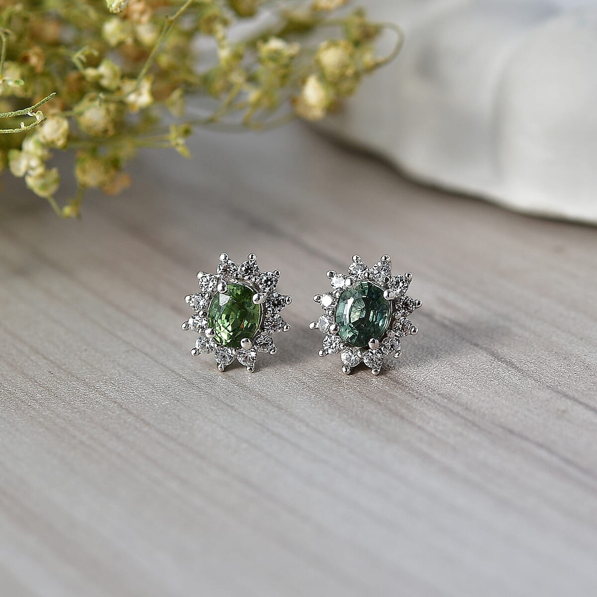 D'Joy Premium Malawi Green Sapphire and White Zircon 1.60 ctw Stud Earrings in Rhodium Over Sterling Silver image number 1