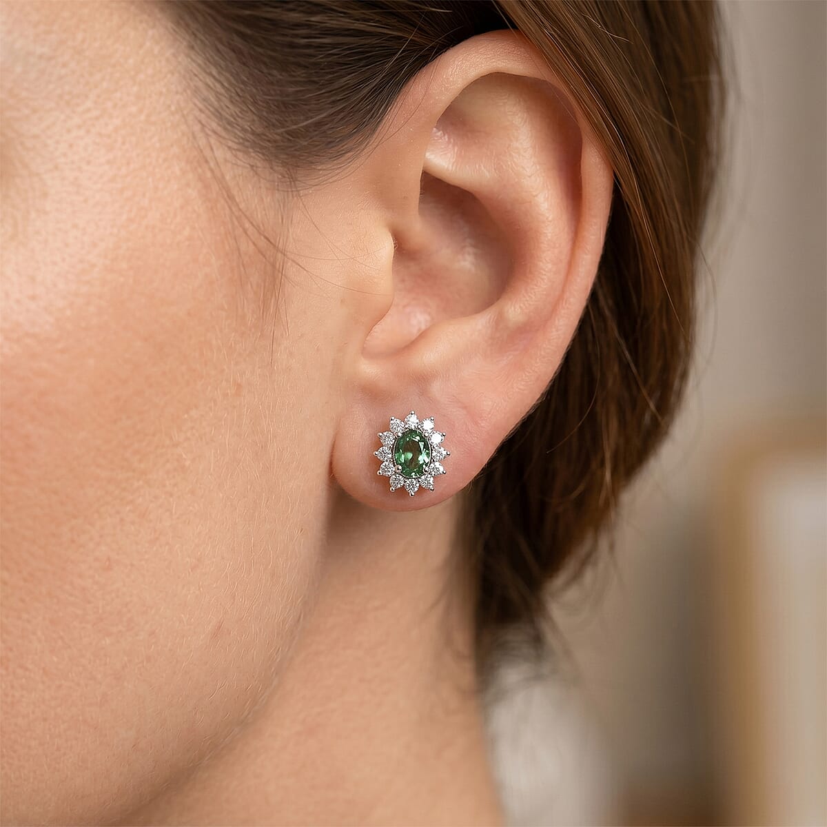 D'Joy Premium Malawi Green Sapphire and White Zircon 1.60 ctw Stud Earrings in Rhodium Over Sterling Silver image number 2