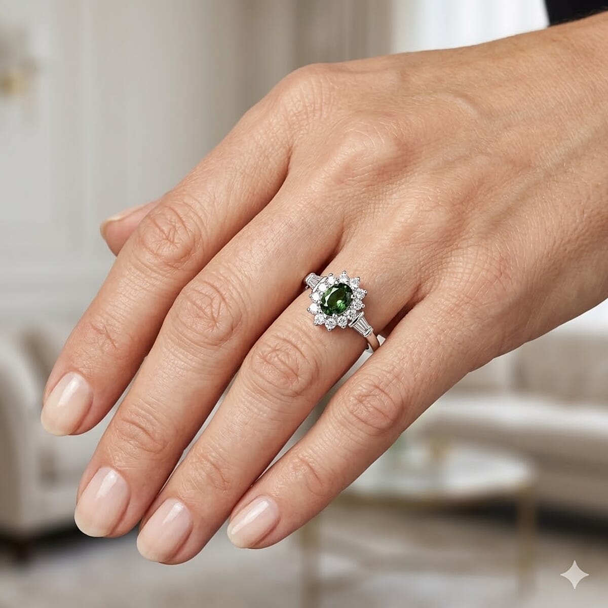 D'Joy Premium Malawi Green Sapphire and White Zircon 1.35 ctw Majesty Ring in Rhodium Over Sterling Silver (Size 10.0) image number 1