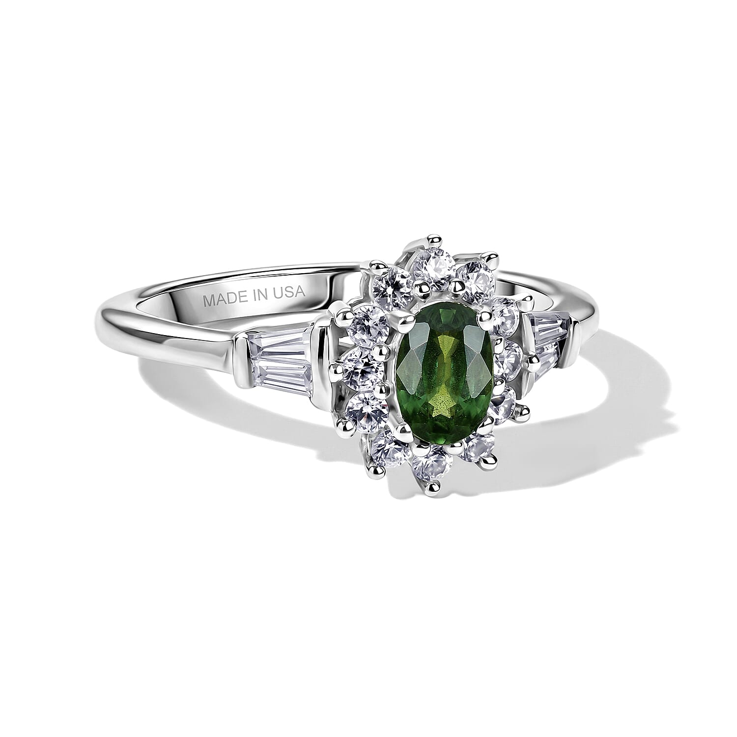 D'Joy Premium Malawi Green Sapphire and White Zircon 1.35 ctw Majesty Ring in Rhodium Over Sterling Silver (Size 5.0)