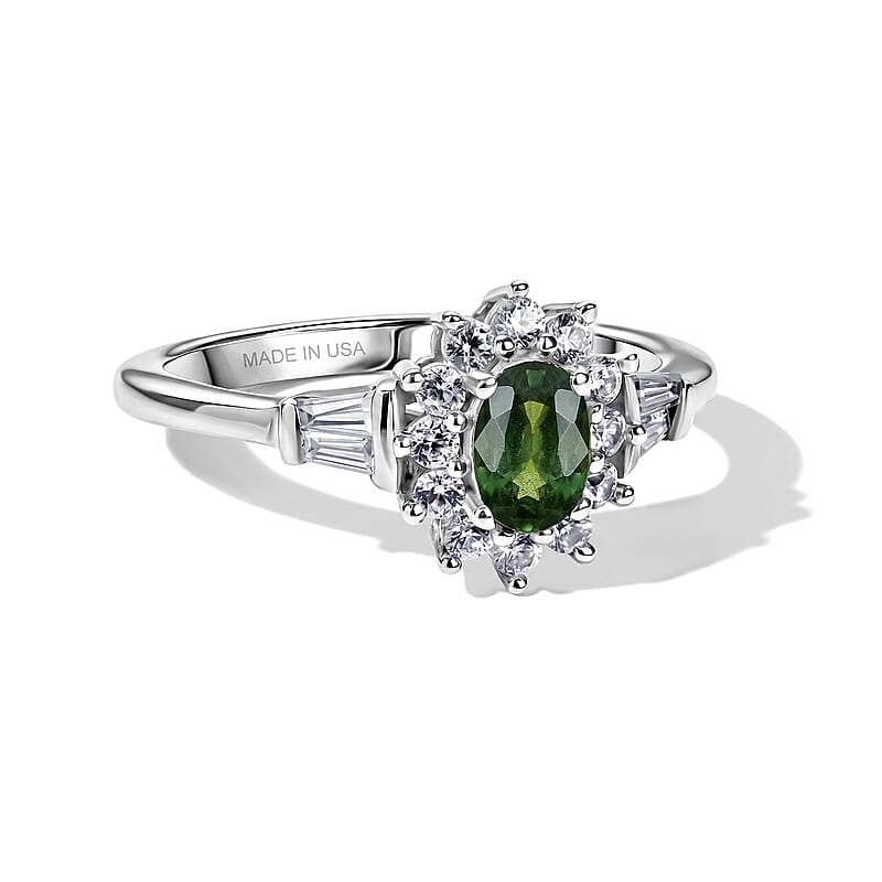 D'Joy Premium Malawi Green Sapphire and White Zircon 1.35 ctw Majesty Ring in Rhodium Over Sterling Silver (Size 5.0)