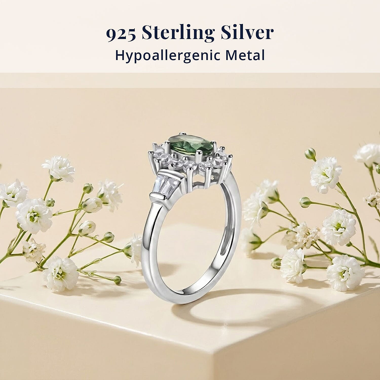 D'Joy Premium Malawi Green Sapphire and White Zircon 1.35 ctw Majesty Ring in Rhodium Over Sterling Silver (Size 5.0)