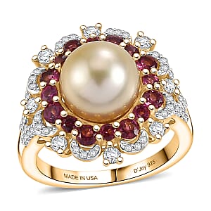 D'Joy South Sea Golden Pearl and Multi Gemstone 2.35 ctw Golden Bloom Pearl Ring in 18K Vermeil Yellow Gold Over Sterling Silver (Size 10.0)