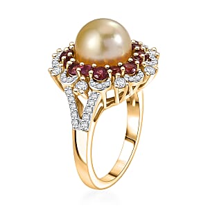 D'Joy South Sea Golden Pearl and Multi Gemstone 2.35 ctw Golden Bloom Pearl Ring in 18K Vermeil Yellow Gold Over Sterling Silver (Size 10.0)