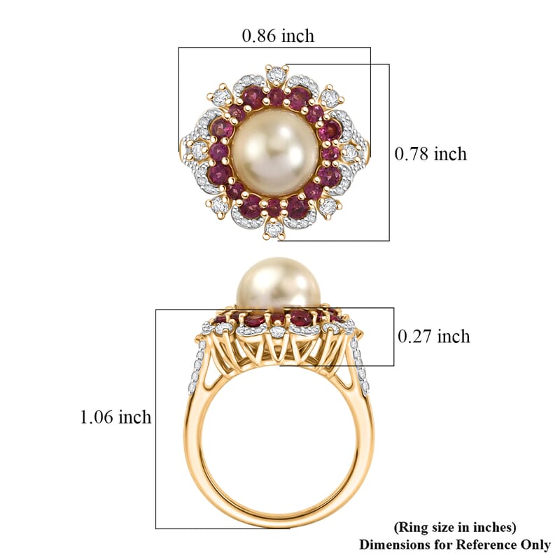 D'Joy South Sea Golden Pearl and Multi Gemstone 2.35 ctw Golden Bloom Pearl Ring in 18K Vermeil Yellow Gold Over Sterling Silver (Size 10.0)