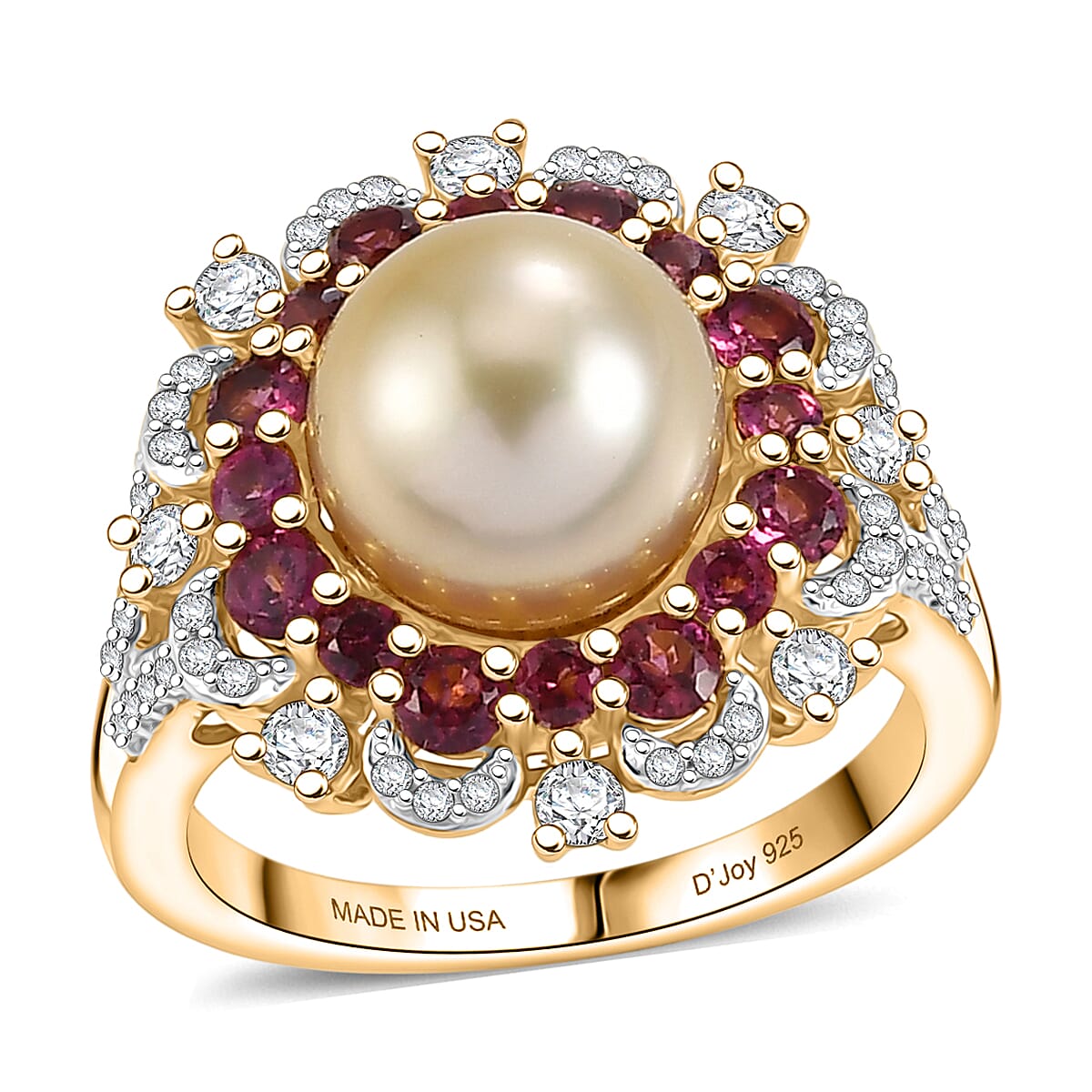 D'Joy South Sea Golden Pearl and Multi Gemstone 2.35 ctw Golden Bloom Pearl Ring in 18K Vermeil Yellow Gold Over Sterling Silver (Size 6.0)