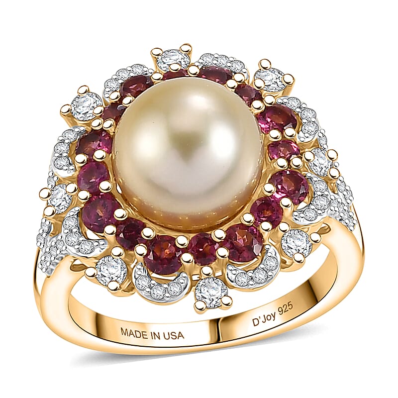 D'Joy South Sea Golden Pearl and Multi Gemstone 2.35 ctw Golden Bloom Pearl Ring in 18K Vermeil Yellow Gold Over Sterling Silver (Size 6.0)