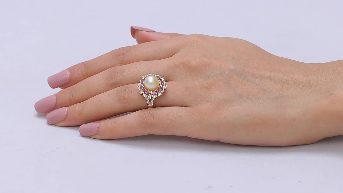 D'Joy Golden South Sea Pearl 9-11mm, Multi Gemstone Ring in 18K Vermeil YG Over Sterling Silver (Size 10.0) 2.35 ctw