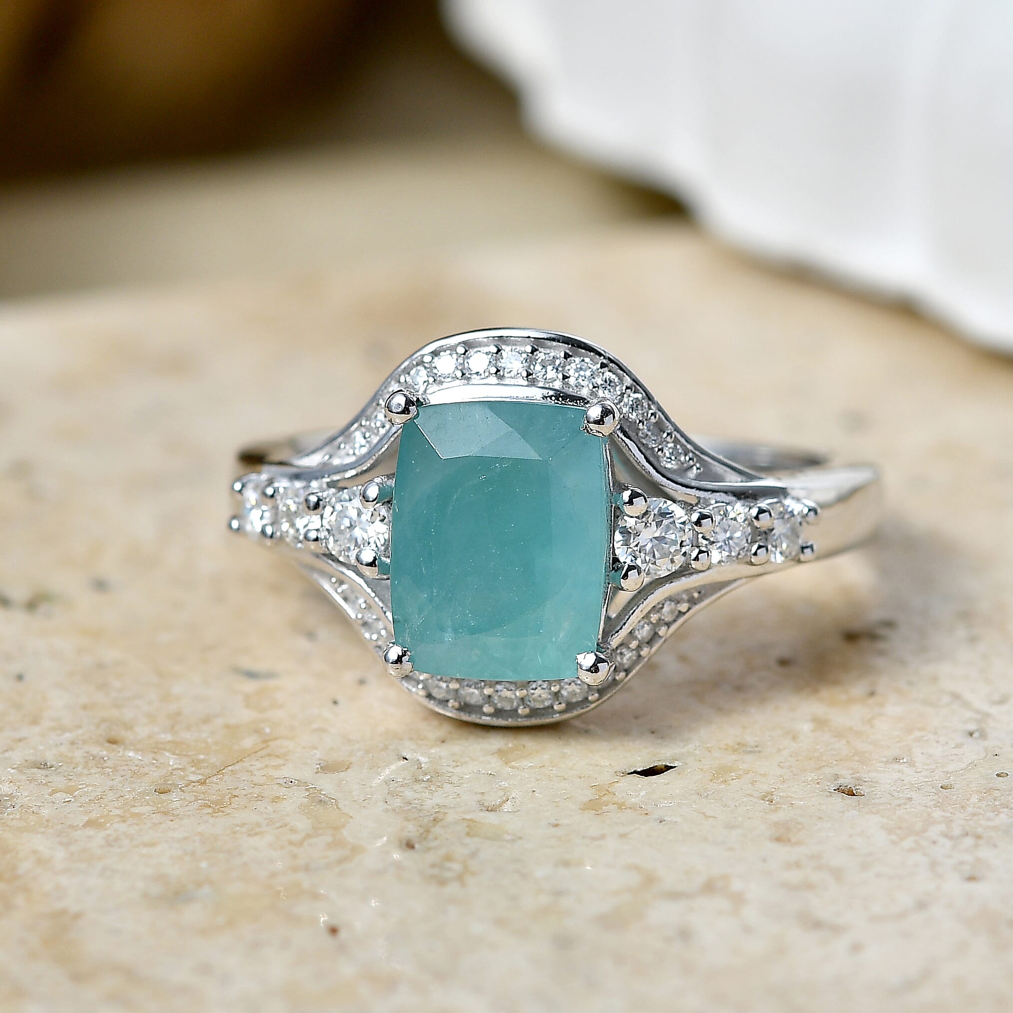 D'Joy Premium Grandidierite and Moissanite 2.70 ctw Ocean Flow Ring in Rhodium Over Sterling Silver (Size  6.0)
