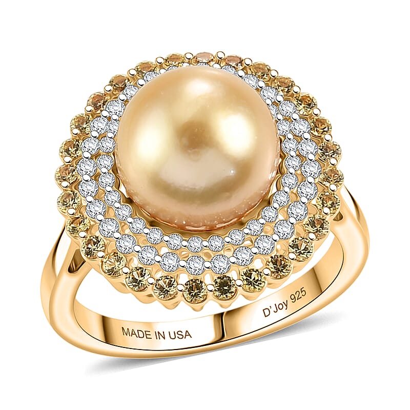 D'Joy Premium Golden South Sea Pearl and Multi Gemstone 1.10 ctw Ring in 18K Vermeil Yellow Gold Over Sterling Silver (Size 7.0)