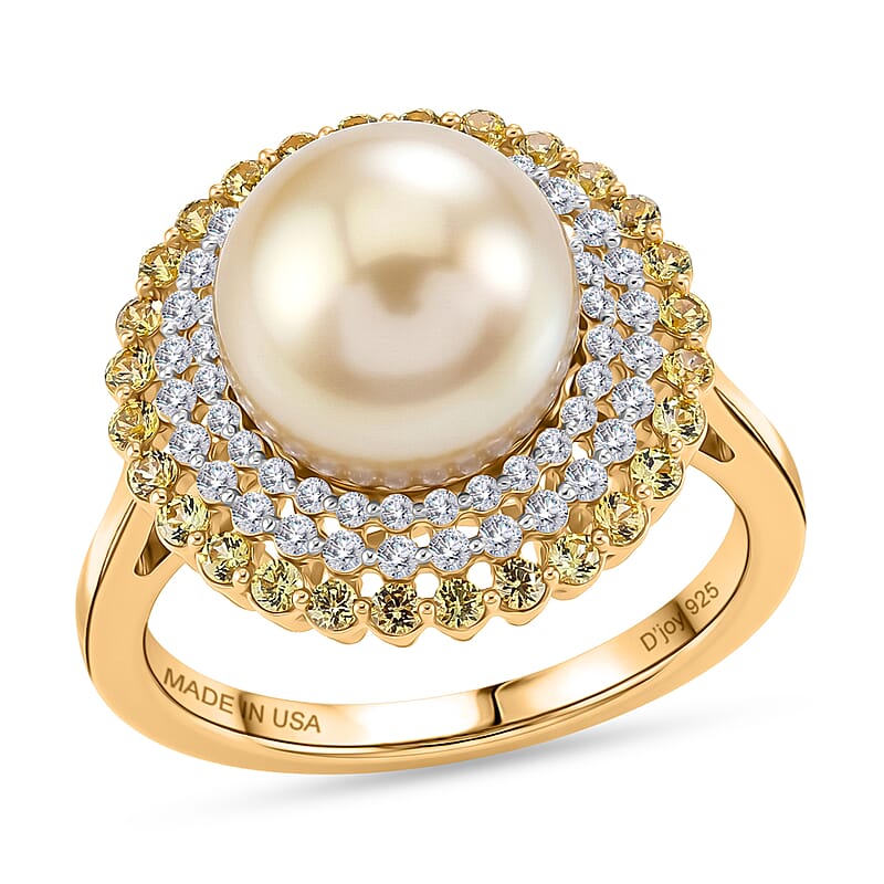 D'Joy Premium Golden South Sea Pearl and Multi Gemstone 1.10 ctw Ring in 18K Vermeil Yellow Gold Over Sterling Silver (Size 8.0)
