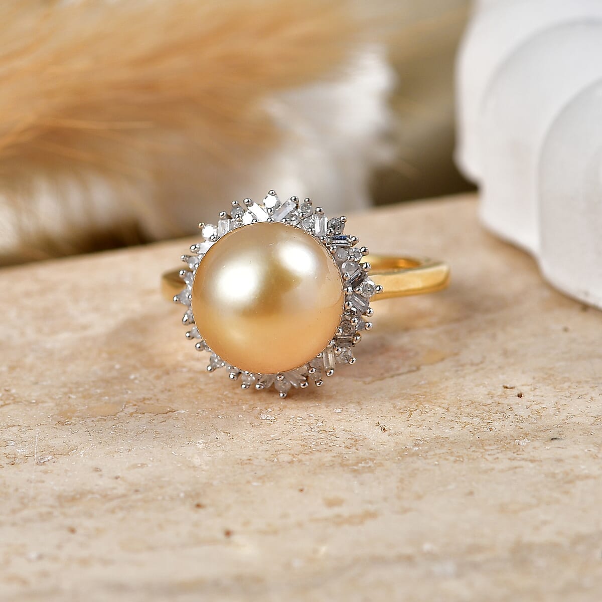 Luxoro 10K Yellow Gold Premium Golden South Sea Pearl 9-11mm, Diamond (I2) Ring (Size 10.0) 0.30 ctw image number 1
