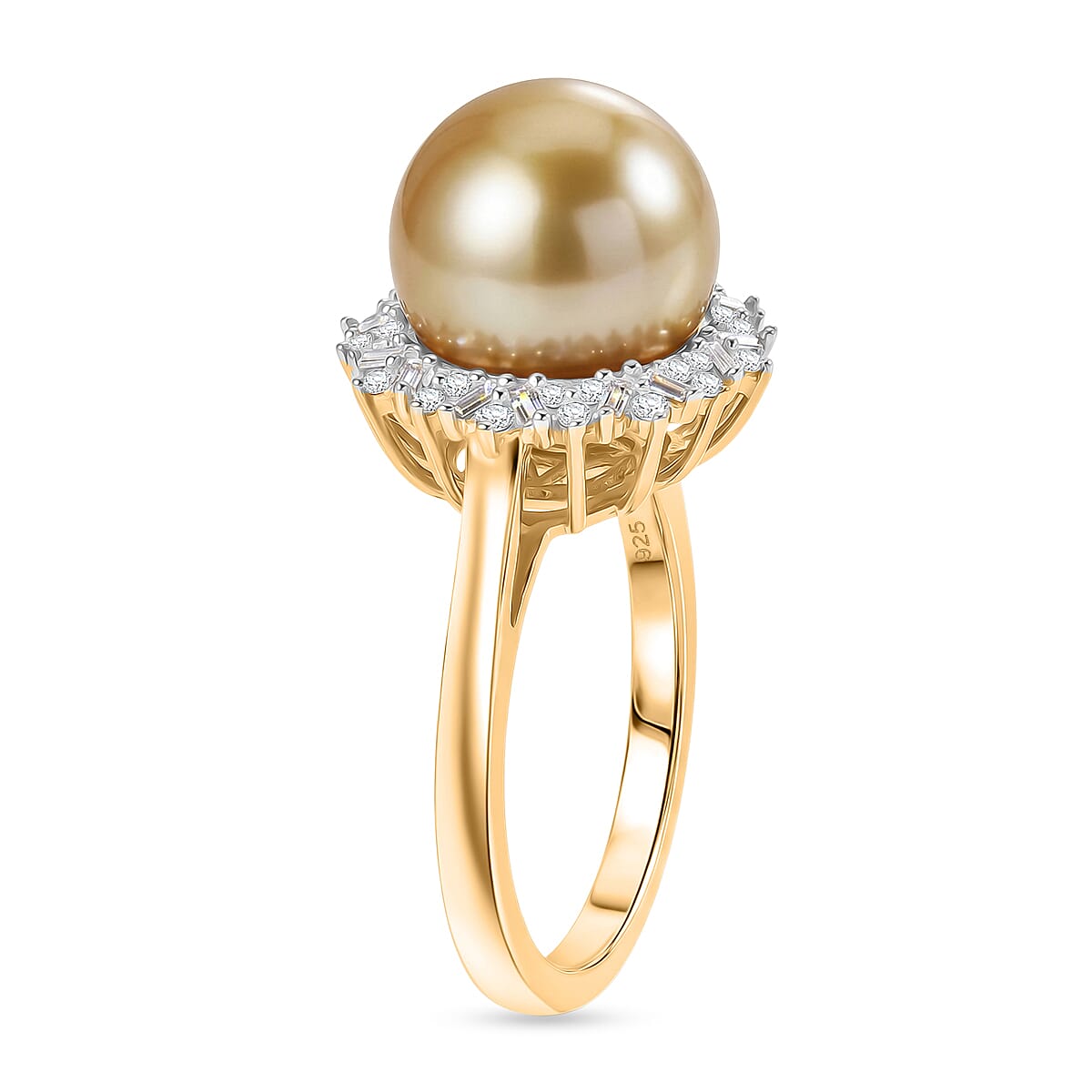 Luxoro 10K Yellow Gold Premium Golden South Sea Pearl 9-11mm, Diamond (I2) Ring (Size 10.0) 0.30 ctw image number 3