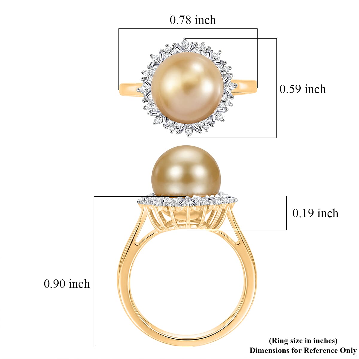Luxoro 10K Yellow Gold Premium Golden South Sea Pearl 9-11mm, Diamond (I2) Ring (Size 10.0) 0.30 ctw image number 5