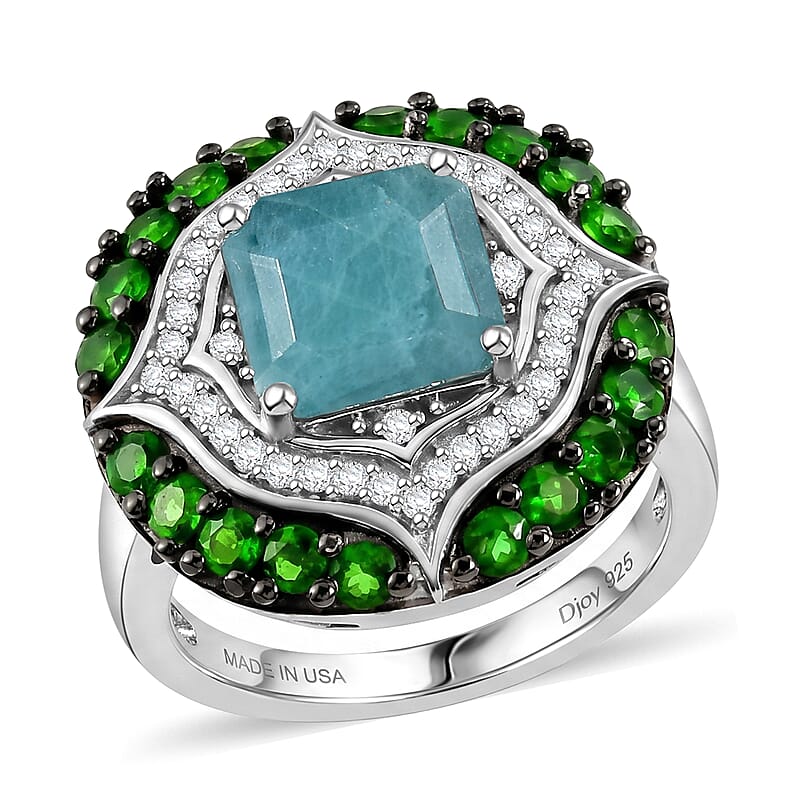 D'Joy Asscher Cut Premium Grandidierite and Multi Gemstone 3.90 ctw Ocean Mosaic Ring in Rhodium Over Sterling Silver (Size  6.0)