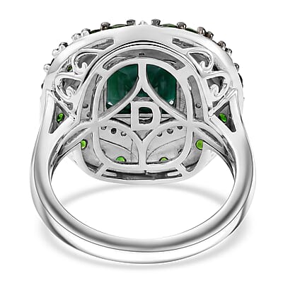 D'Joy Asscher Cut Premium Grandidierite and Multi Gemstone 3.90 ctw Ocean Mosaic Ring in Rhodium Over Sterling Silver (Size  6.0)