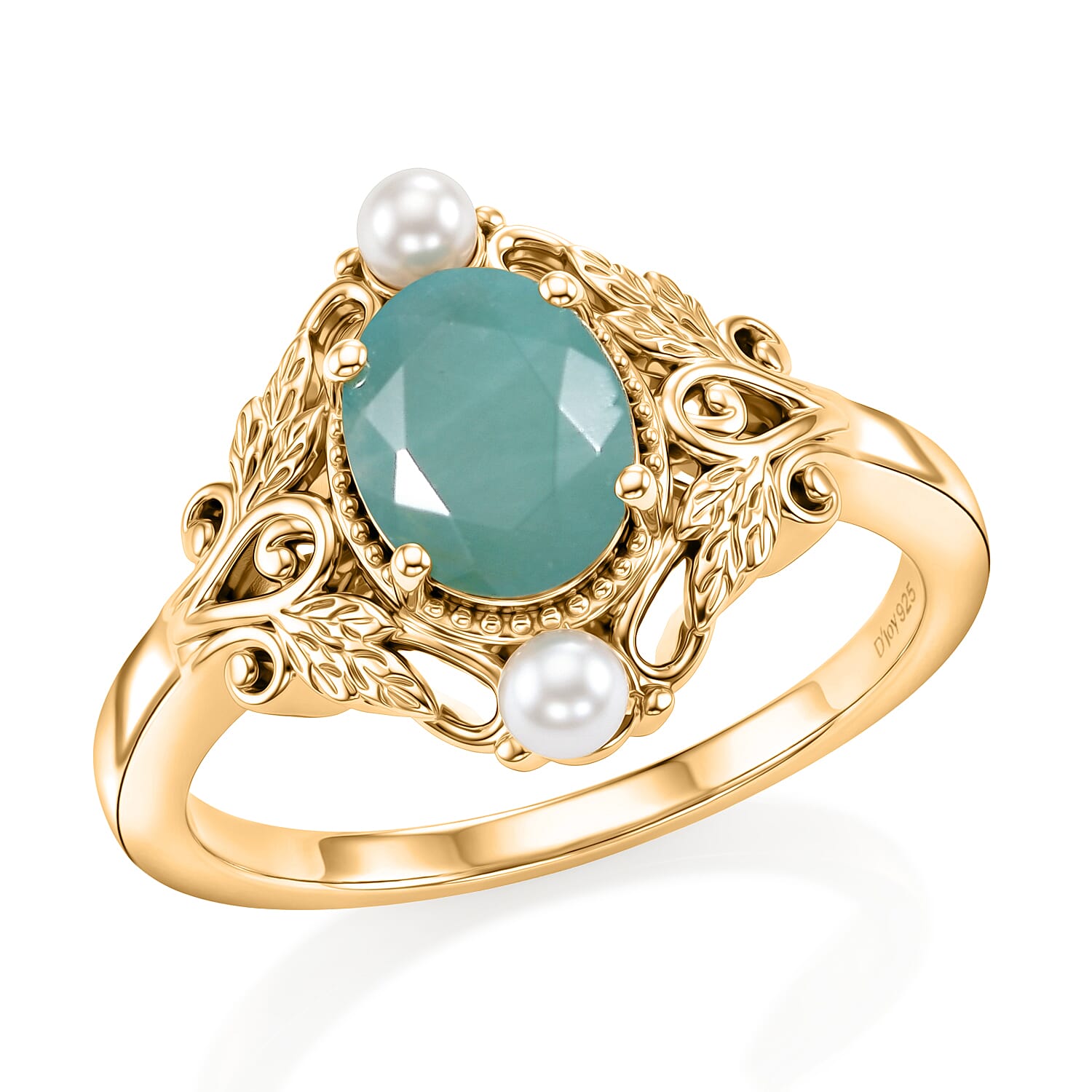D'Joy Premium Grandidierite and Freshwater Pearl 2.00 ctw Victorian Luxe Ring in 18K Vermeil Yellow Gold Over Sterling Silver (Size  10.0)
