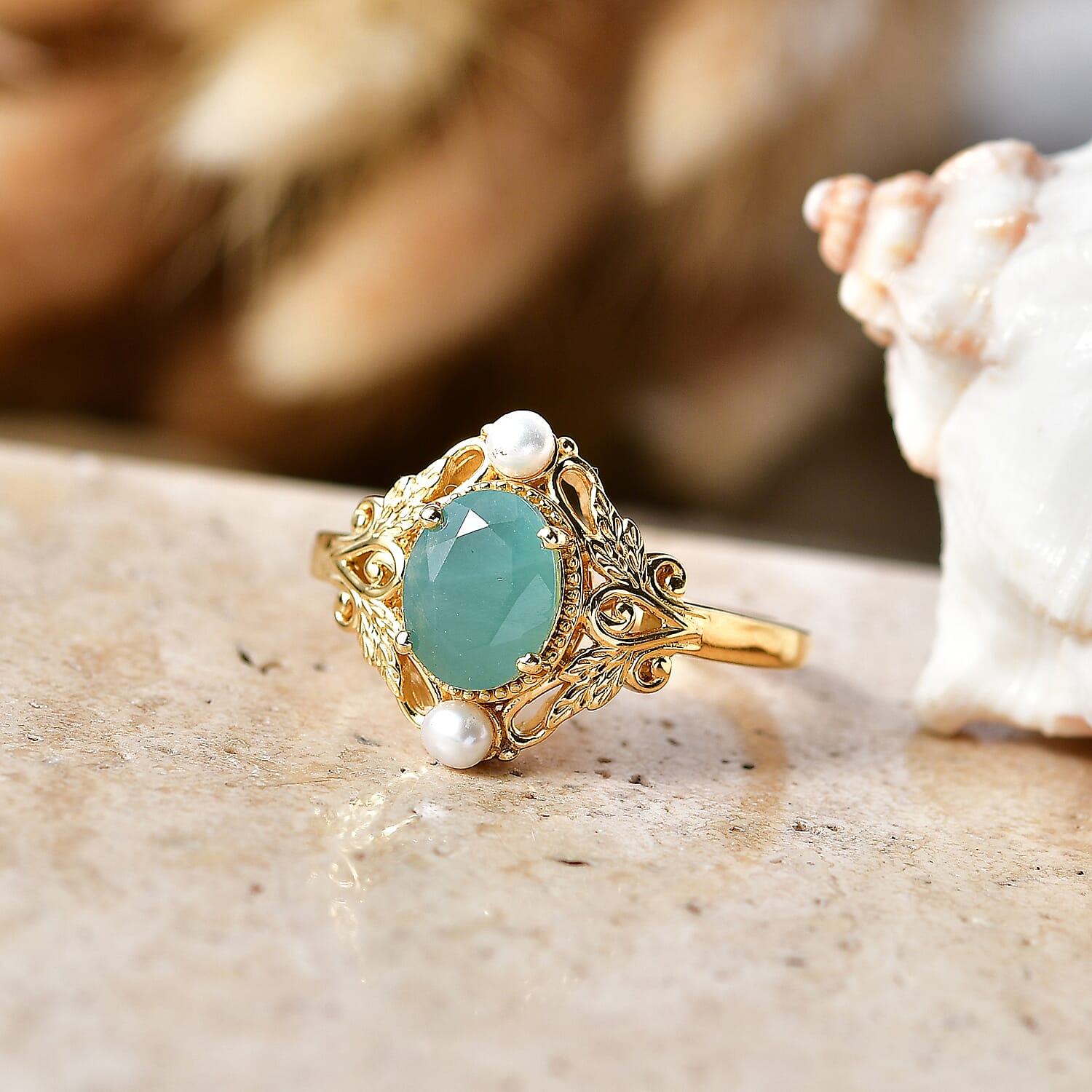 D'Joy Premium Grandidierite and Freshwater Pearl 2.00 ctw Victorian Luxe Ring in 18K Vermeil Yellow Gold Over Sterling Silver (Size  10.0)