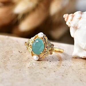 D'Joy Premium Grandidierite and Freshwater Pearl 2.00 ctw Victorian Luxe Ring in 18K Vermeil Yellow Gold Over Sterling Silver (Size  10.0)