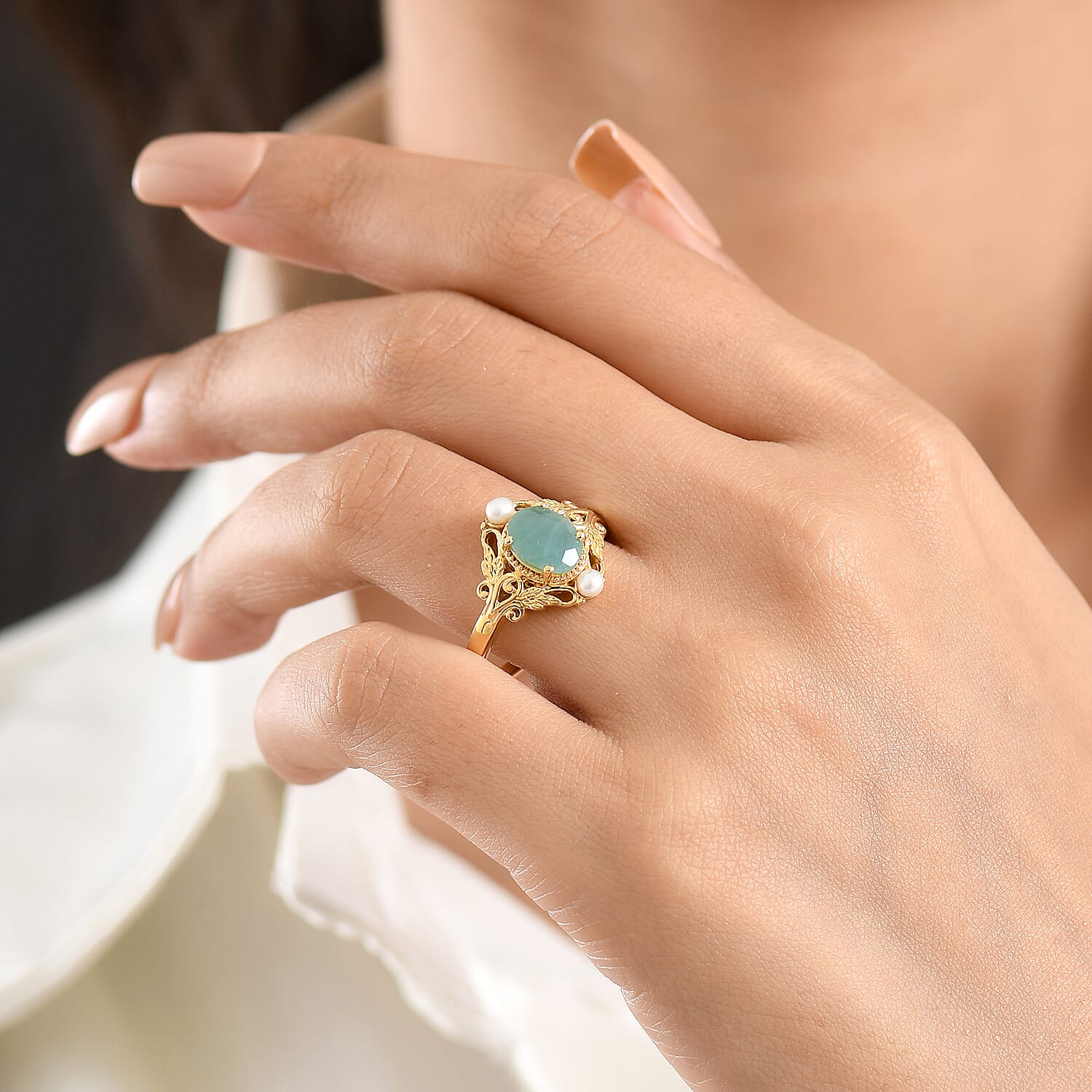 D'Joy Premium Grandidierite and Freshwater Pearl 2.00 ctw Victorian Luxe Ring in 18K Vermeil Yellow Gold Over Sterling Silver (Size  10.0)