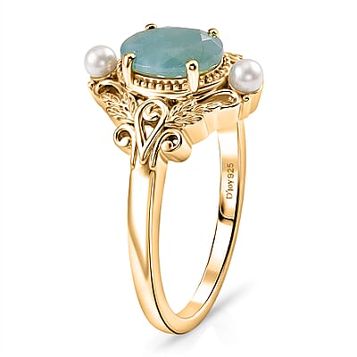 D'Joy Premium Grandidierite and Freshwater Pearl 2.00 ctw Victorian Luxe Ring in 18K Vermeil Yellow Gold Over Sterling Silver (Size  10.0)