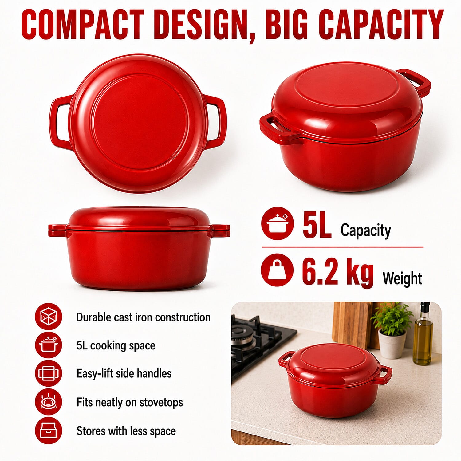 Livmore 2 in 1 Red 5L Dutch Oven with Frying Pan Lid