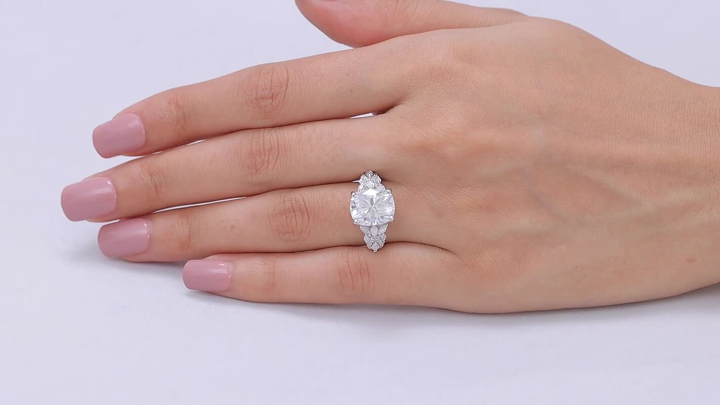 D'Joy Brilliant Cut Moissanite (Cush 12x10mm) Ring in Rhodium Over Sterling Silver (Size 10.0) 6.25 ctw