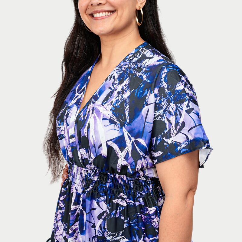 La Marey Purple with Multi Floral Smocked Waist Dress - One Size Missy