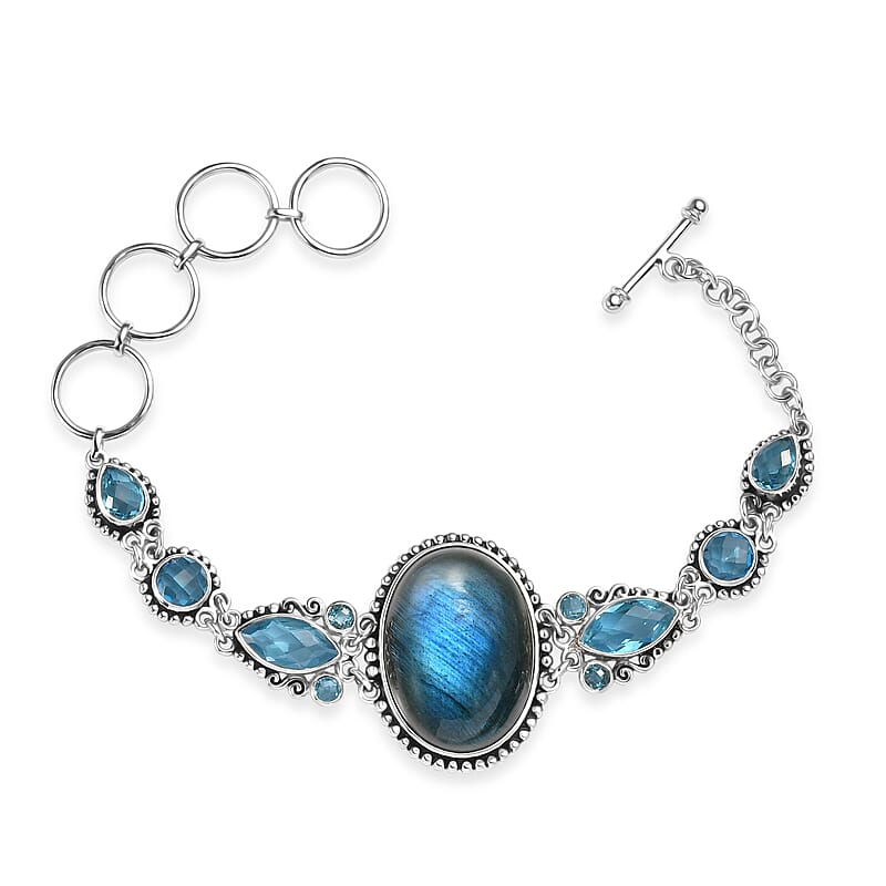 Sajen Silver Malagasy Labradorite and Celestial Swiss Blue Mystic Quartz 28.80 ctw Bracelet in Rhodium Over Sterling Silve (6.25-7.25In)