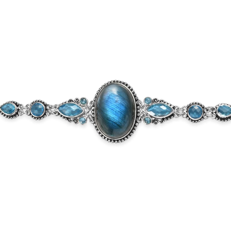 Sajen Silver Malagasy Labradorite and Celestial Swiss Blue Mystic Quartz 28.80 ctw Bracelet in Rhodium Over Sterling Silve (6.25-7.25In)