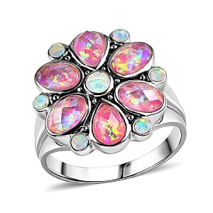 Sajen Silver Simulated Pink Opal Doublet Quartz 3.40 ctw Ring in Rhodium Over Sterling Silver (Size 10.0)